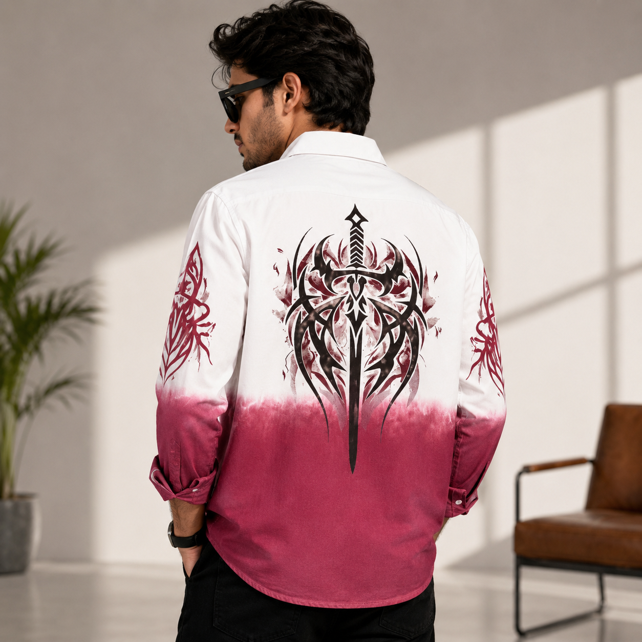 Sword  Printed Tie & Dye Shirt [Maroon]