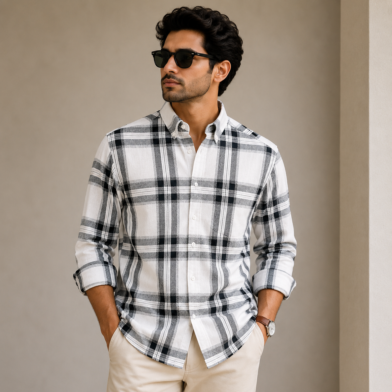 Old Money Men's Checked Formal Shirt – Classic Fit [White]