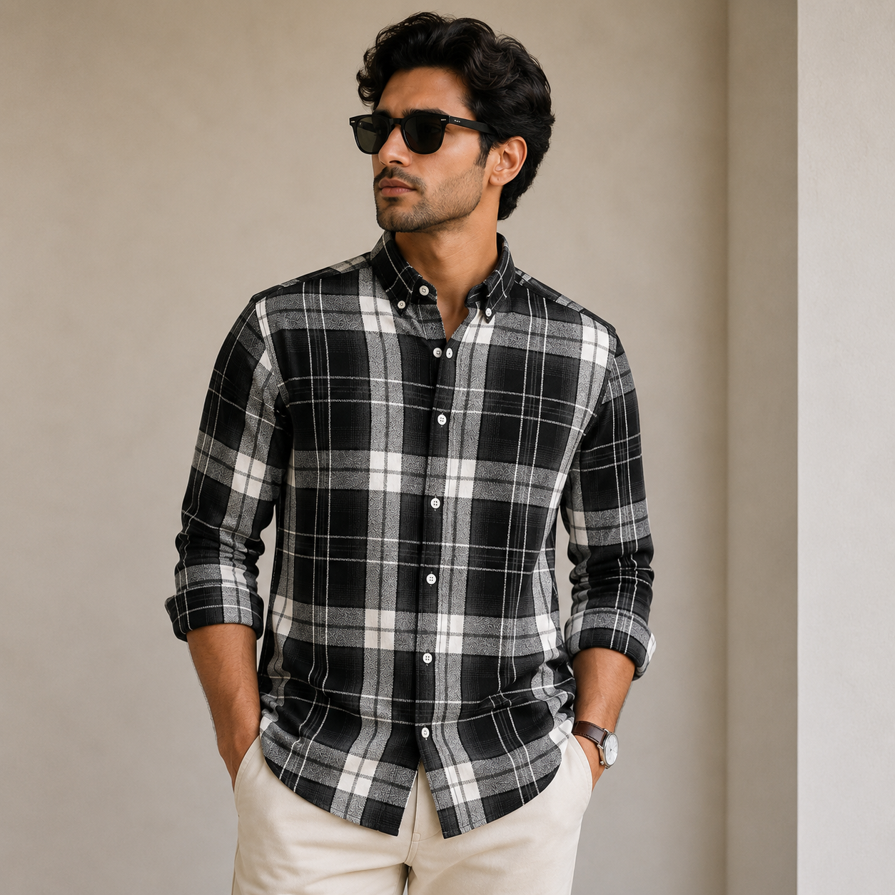 Old Money Men's Checked Formal Shirt – Classic Fit [Black]