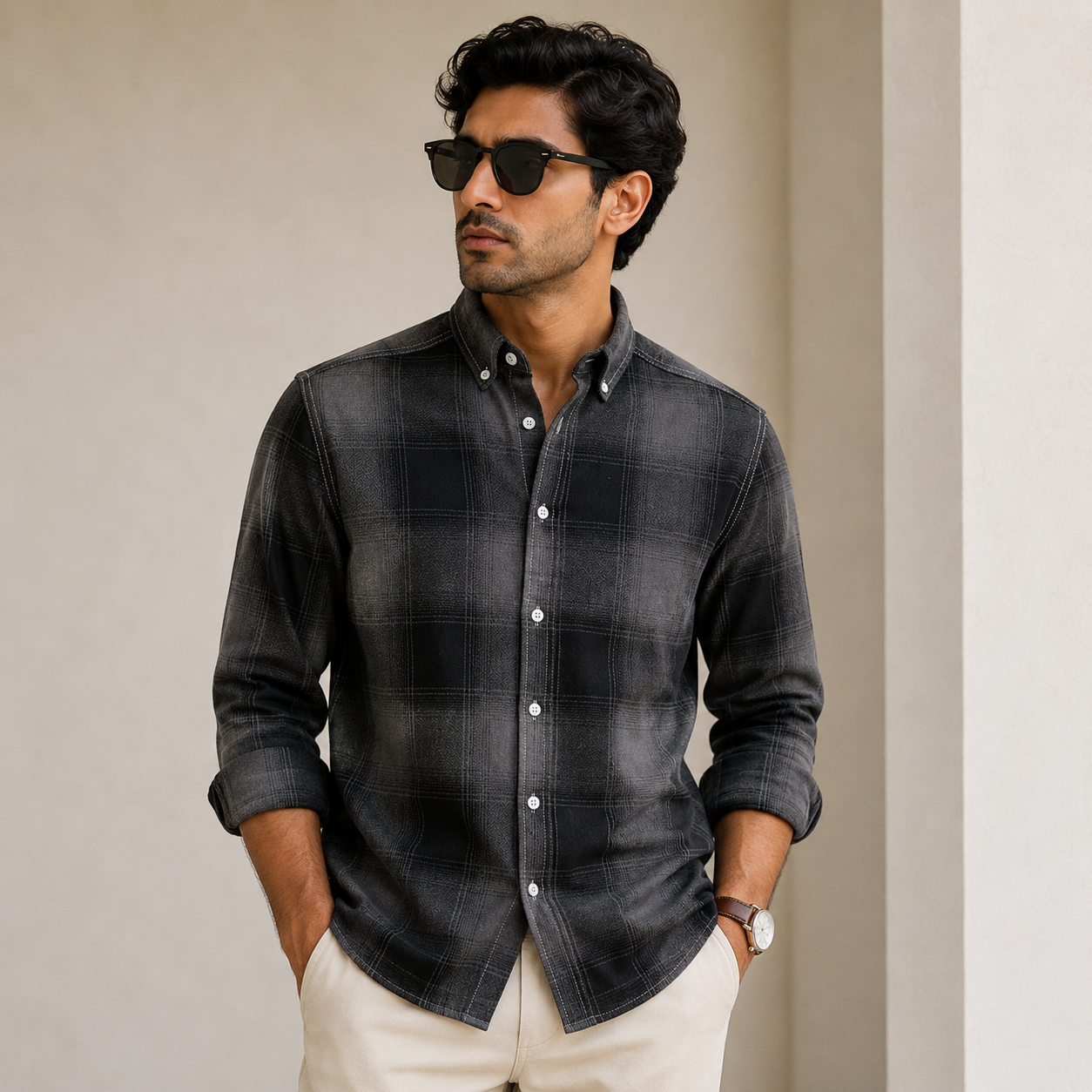 Old Money Men's Checked Formal Shirt – Classic Fit [Charcoal Grey]