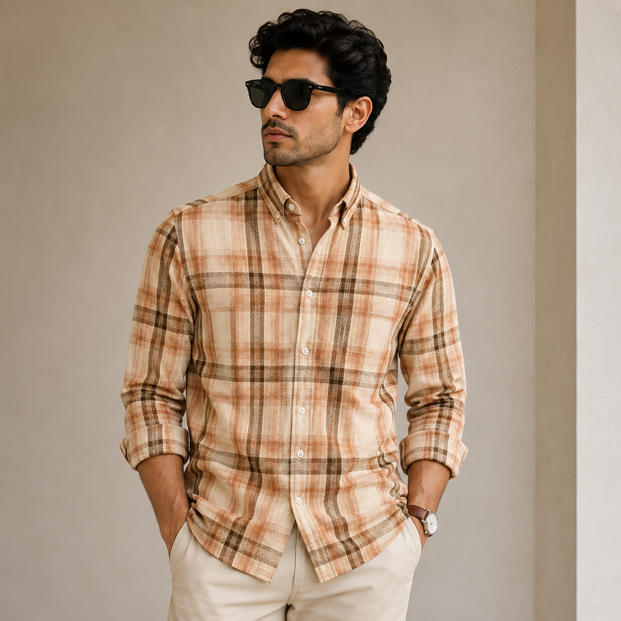 Old Money Men's Checked Formal Shirt – Classic Fit [Beige]