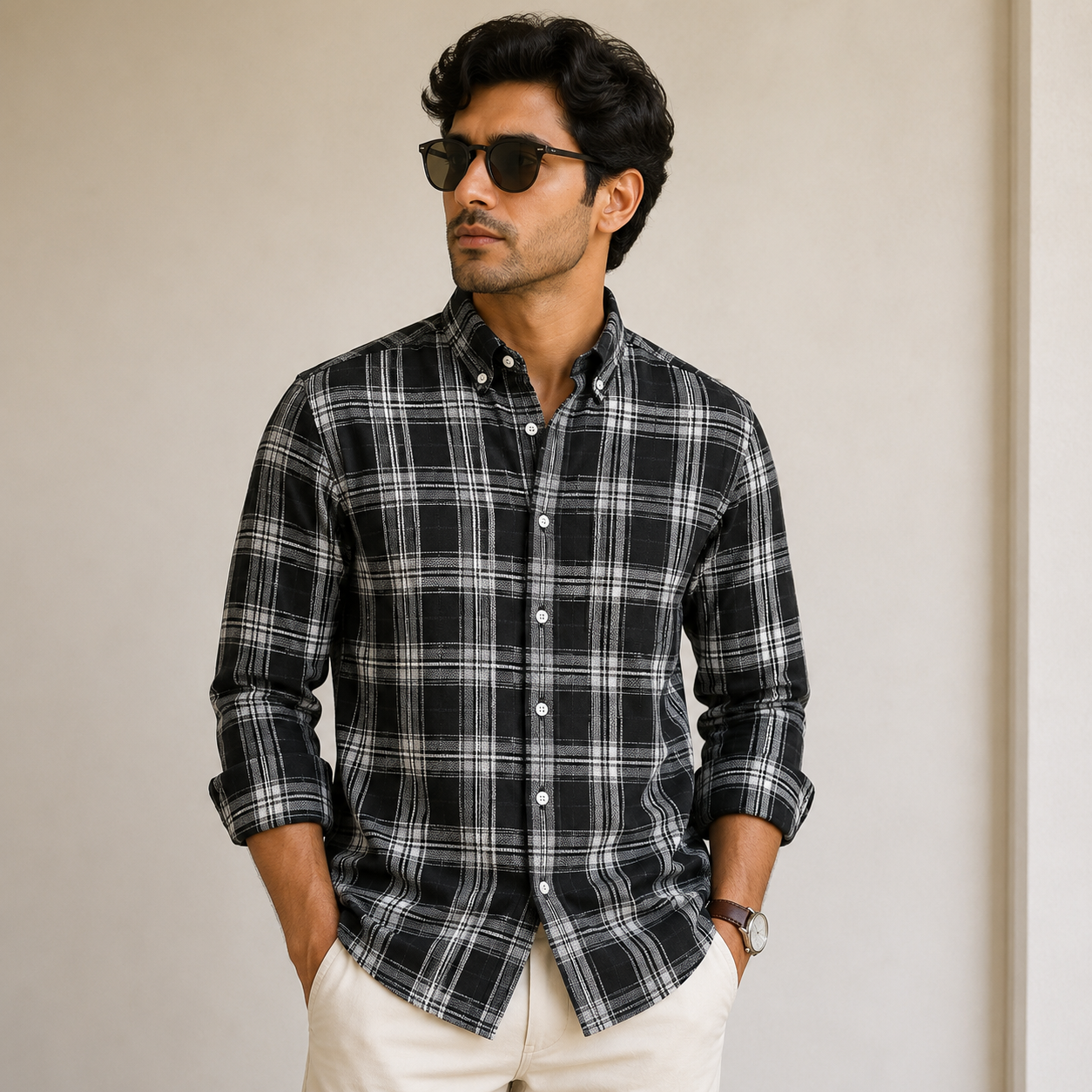Old Money Men's Checked Formal Shirt – Classic Fit [Black]