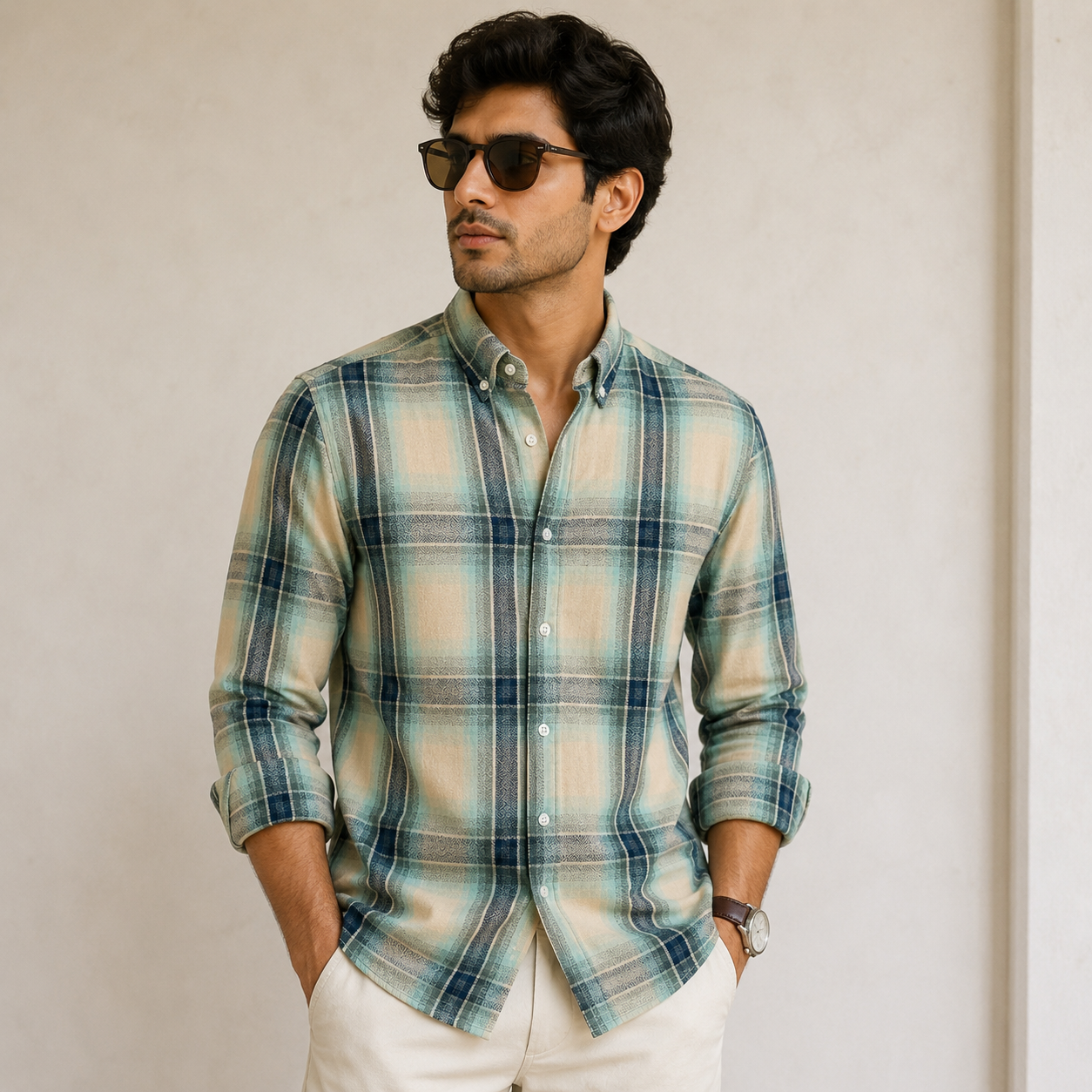 Old Money Men's Checked Formal Shirt – Classic Fit [Teal Green]