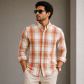 Old Money Men's Checked Formal Shirt – Classic Fit [Orange]