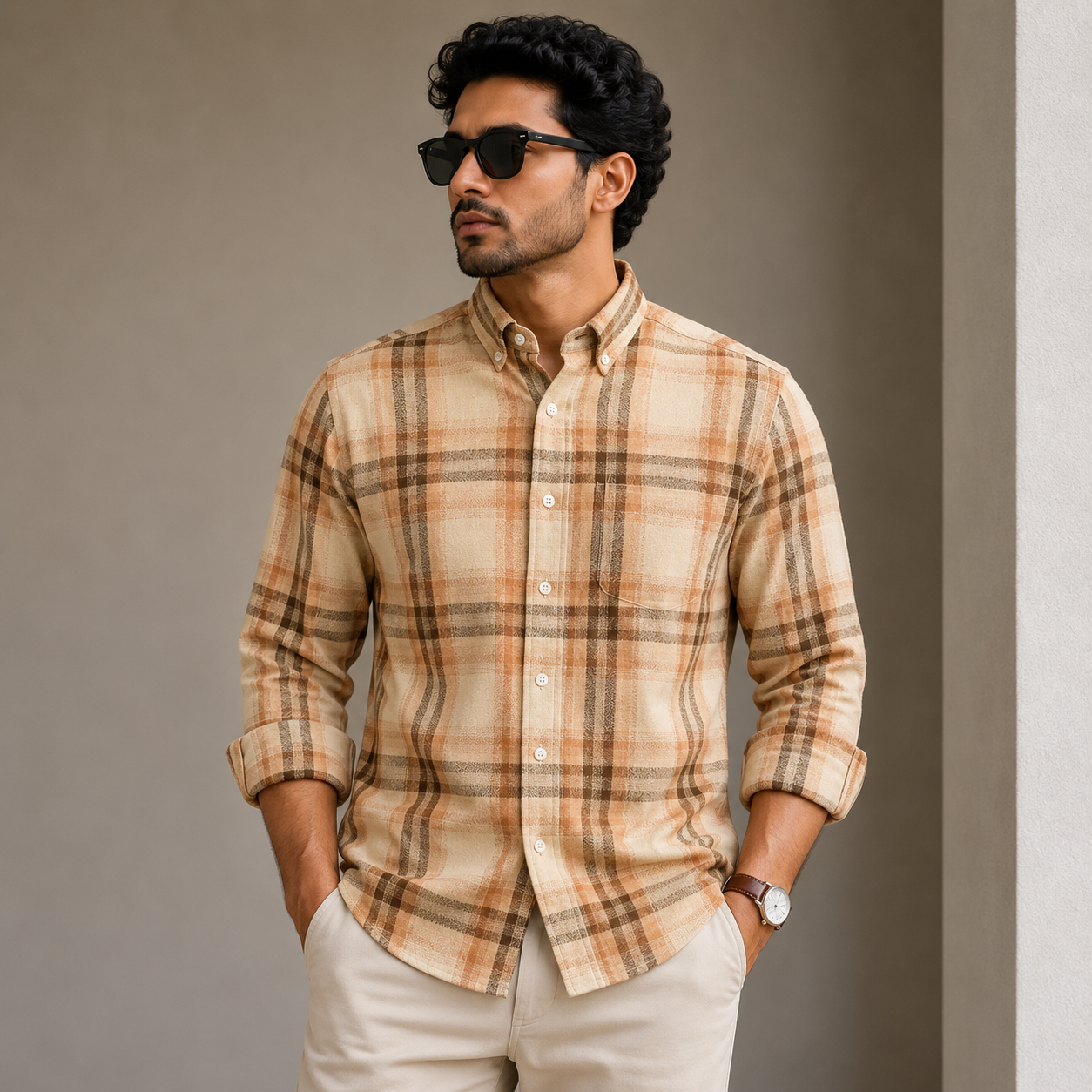 Old Money Men's Checked Formal Shirt – Classic Fit [Beige]