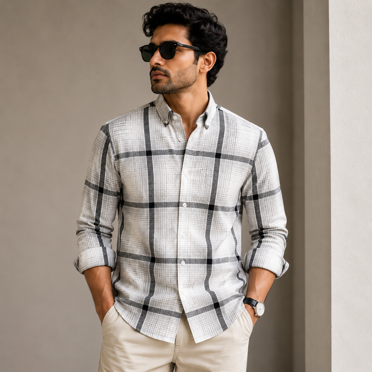 Old Money Men's Checked Formal Shirt – Classic Fit [Light Grey]
