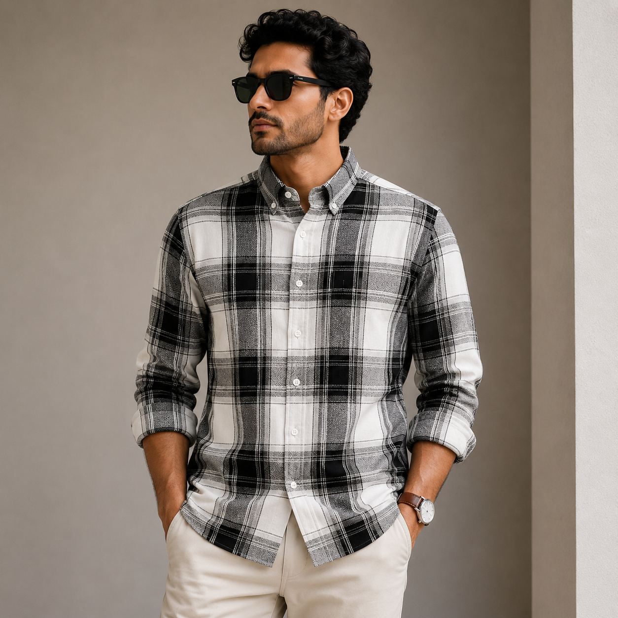 Old Money Men's Checked Formal Shirt – Classic Fit [White]