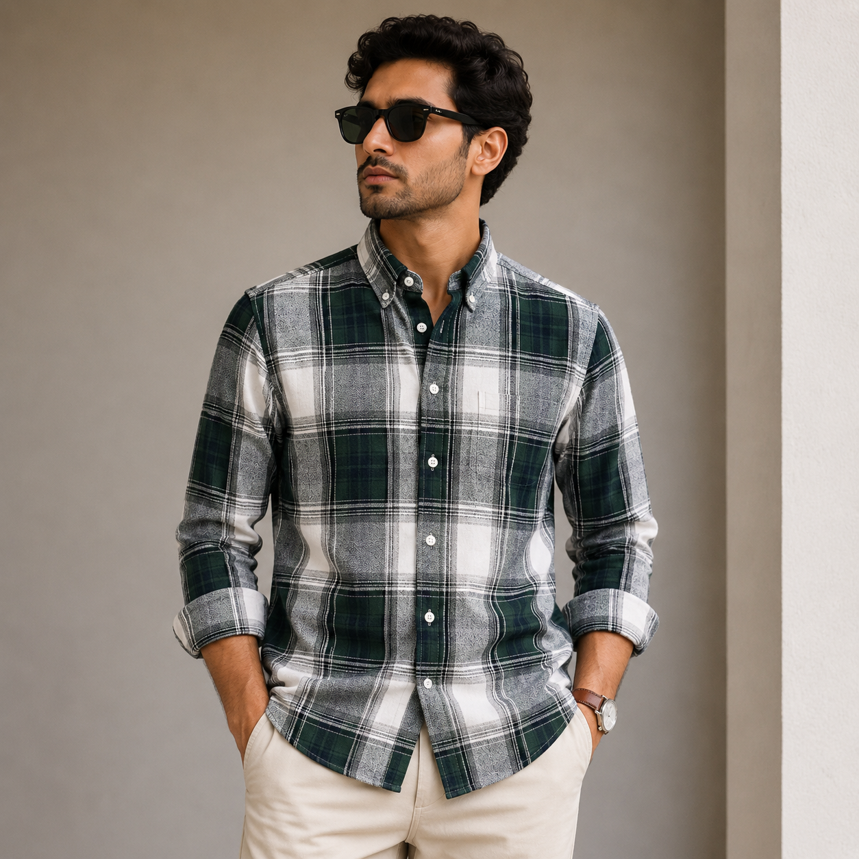 Old Money Men's Checked Formal Shirt – Classic Fit [Green]
