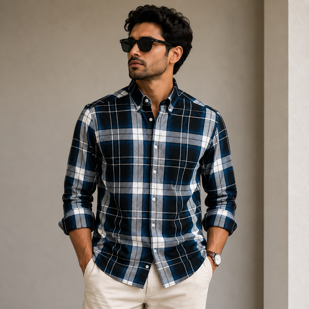 Old Money Men's Checked Formal Shirt – Classic Fit [Navy Blue]