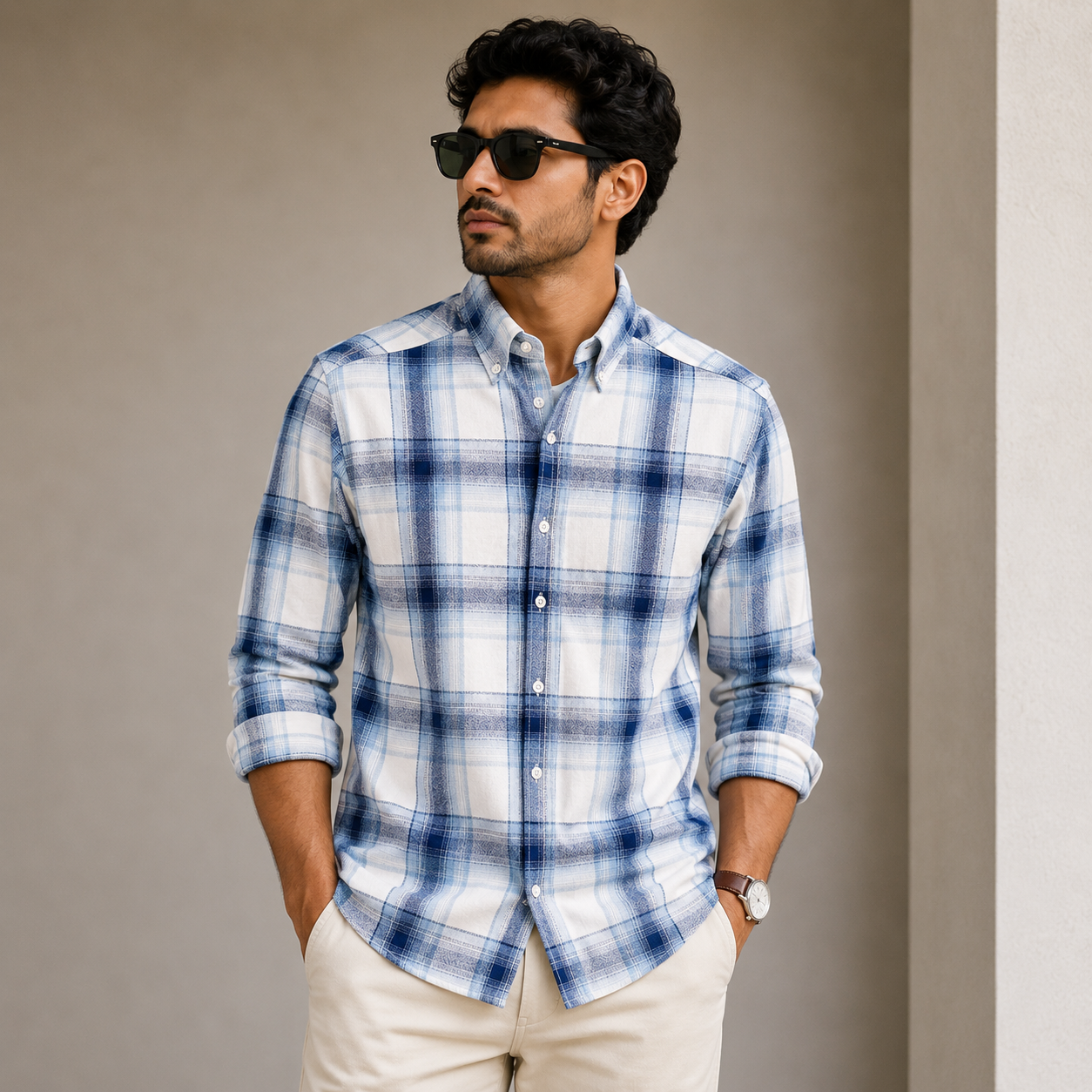 Old Money Men's Checked Formal Shirt – Classic Fit [Sky Blue]